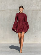 Ruffled High?Neck Bell?Sleeve Elastic Waist Mini Dress