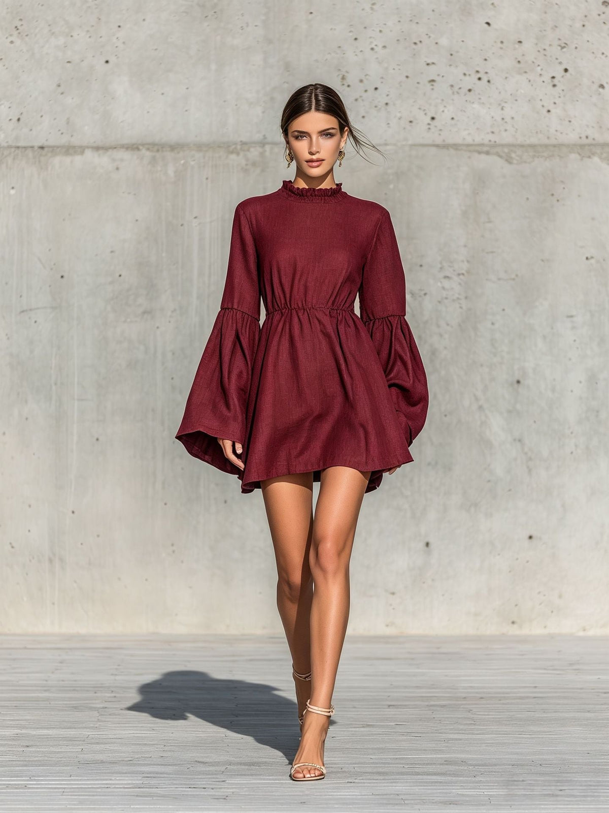 Ruffled High?Neck Bell?Sleeve Elastic Waist Mini Dress
