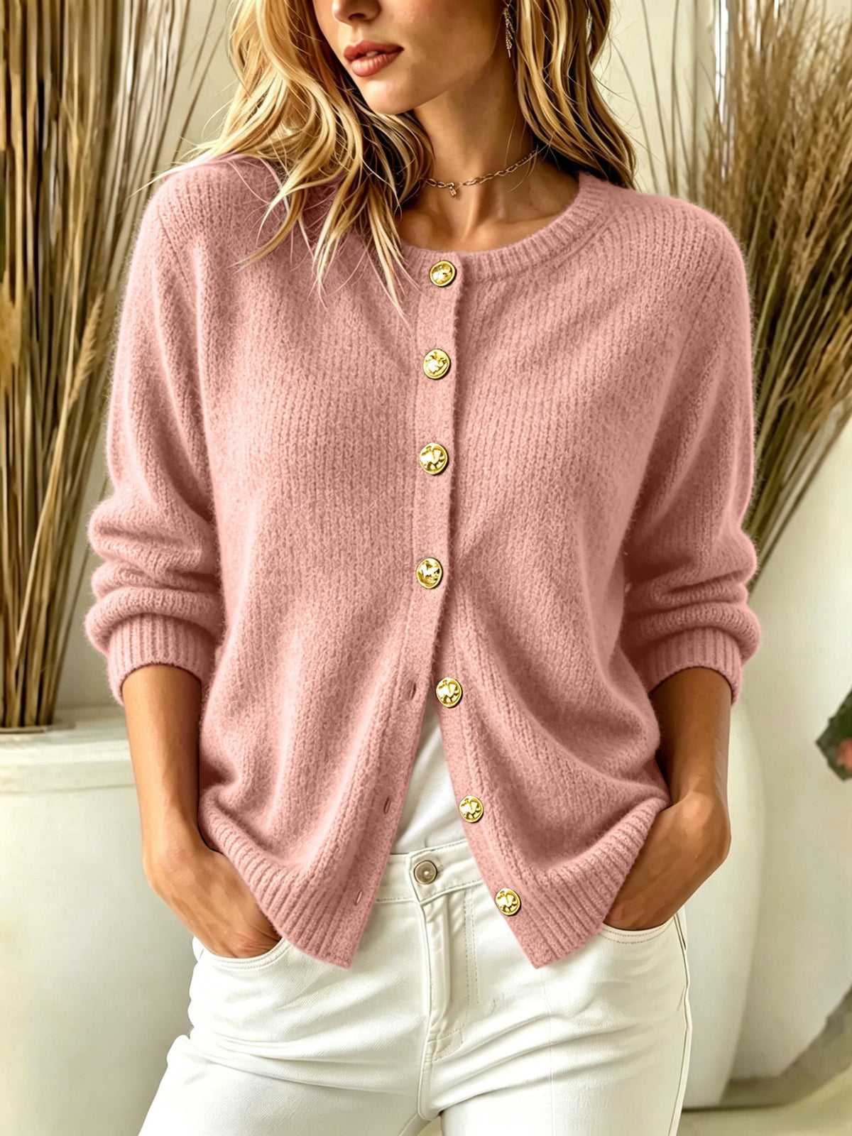 Crew Neck Gold?Button Ribbed Knit Cardigan