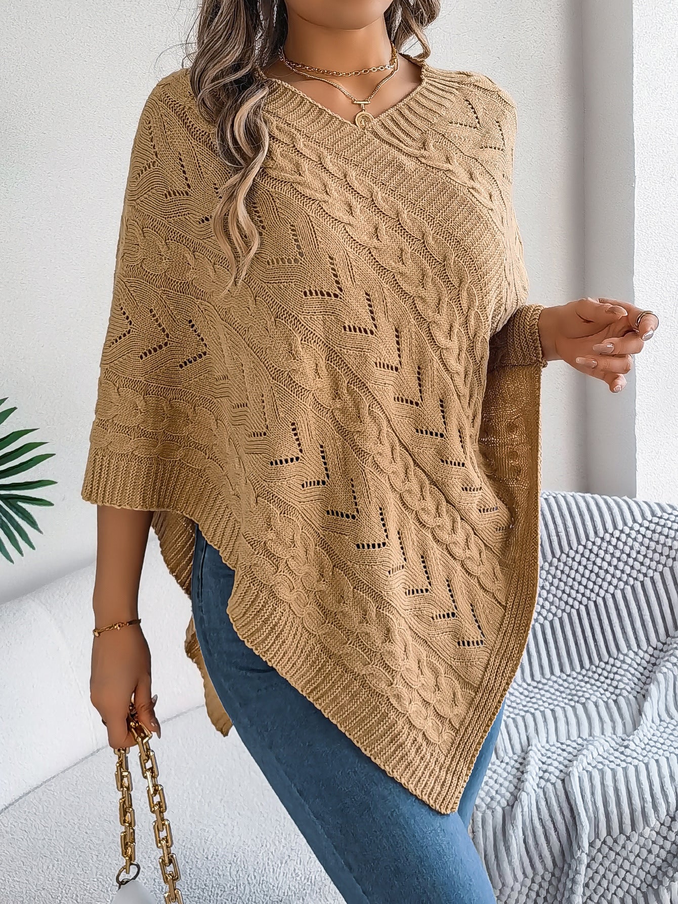 Cable Knit Hollow Out V-Neck Poncho Sweater Cape
