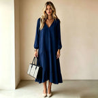V?Neck Long?Sleeve Tiered Ruffle?Hem Midi Dress