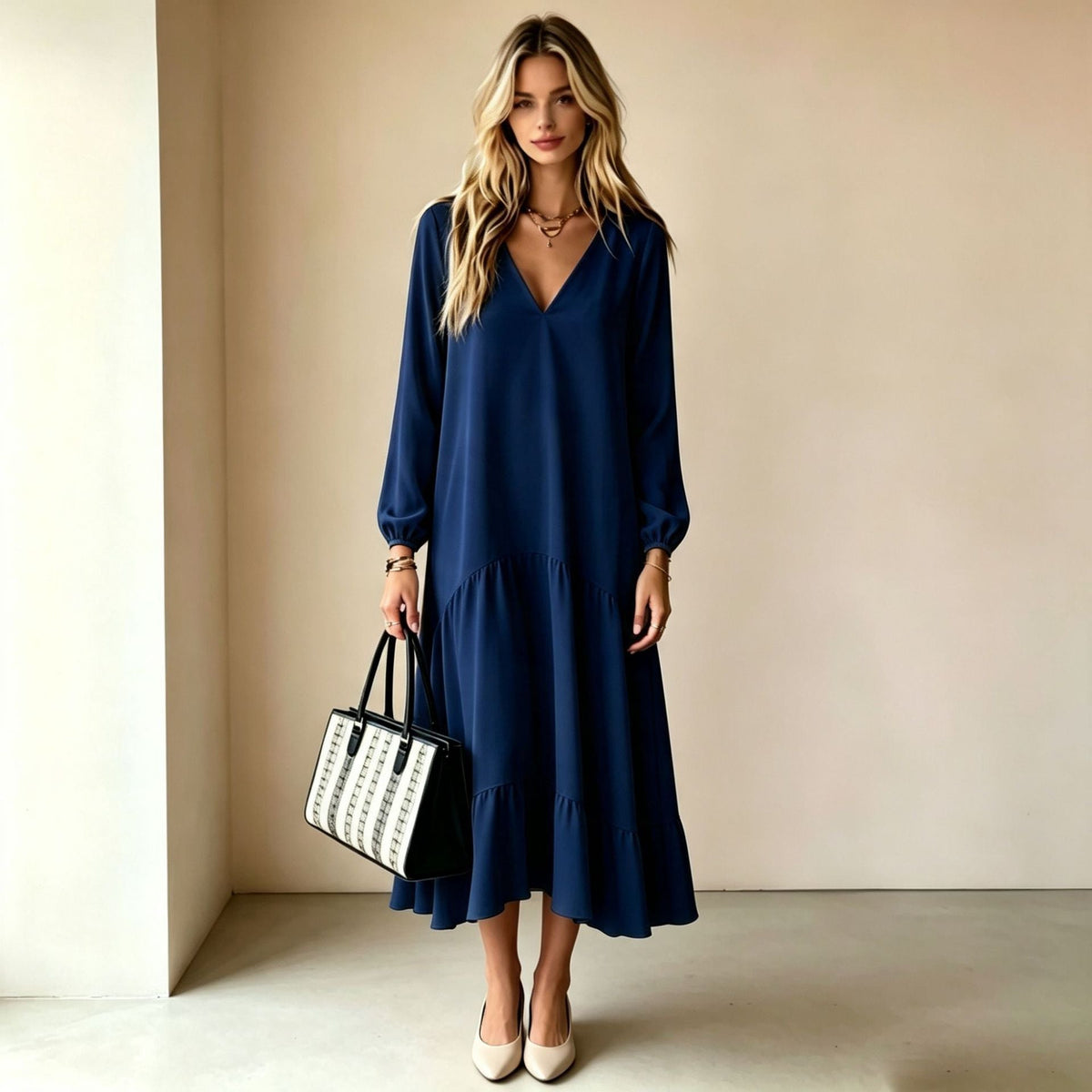 V?Neck Long?Sleeve Tiered Ruffle?Hem Midi Dress