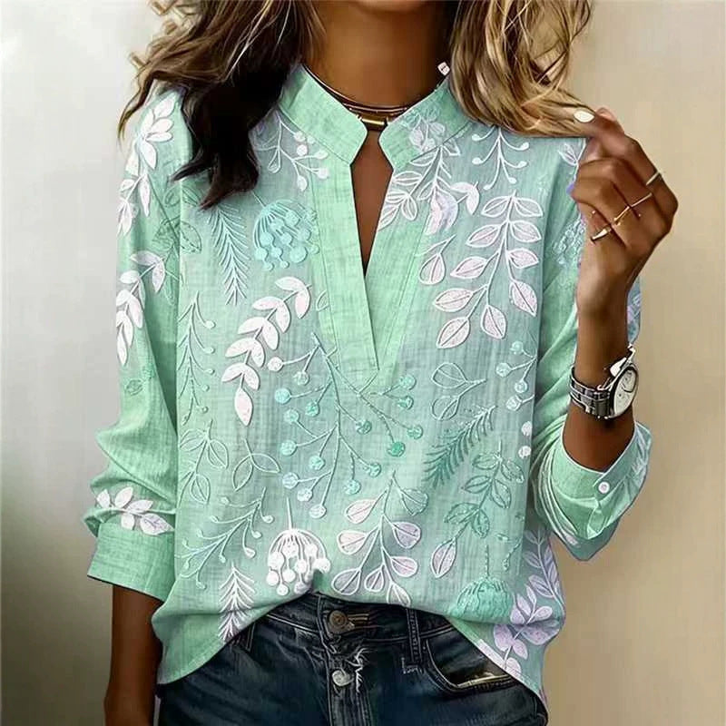 Women's Floral Print Notch Collar Long Sleeve Blouse