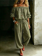 Sage Linen Off Shoulder Drawstring Waist Jogger Jumpsuit