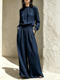 Women's Gathered High‑Neck Blouse & Pleated Wide‑Leg Pants Two‑Piece Set
