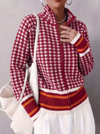 Women's Houndstooth Striped Zip Up Stand Collar Knit Cardigan