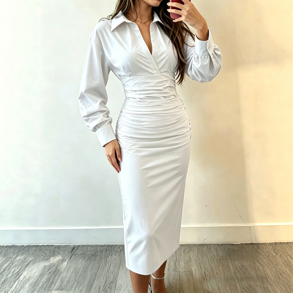 Collared Wrap V?Neck Ruched Waist Balloon Sleeve Bodycon Midi Shirt Dress