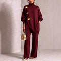 Turtleneck Gold?Button Asymmetric Knit Tunic & Wide-Leg Pants Two-Piece Set