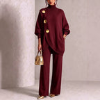 Turtleneck Gold?Button Asymmetric Knit Tunic & Wide-Leg Pants Two-Piece Set