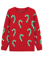 Women's Plus Size Crew Neck Candy Cane Print Long Sleeve Christmas Knit Sweater