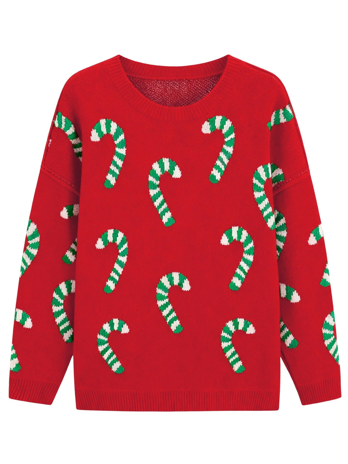 Women's Plus Size Crew Neck Candy Cane Print Long Sleeve Christmas Knit Sweater