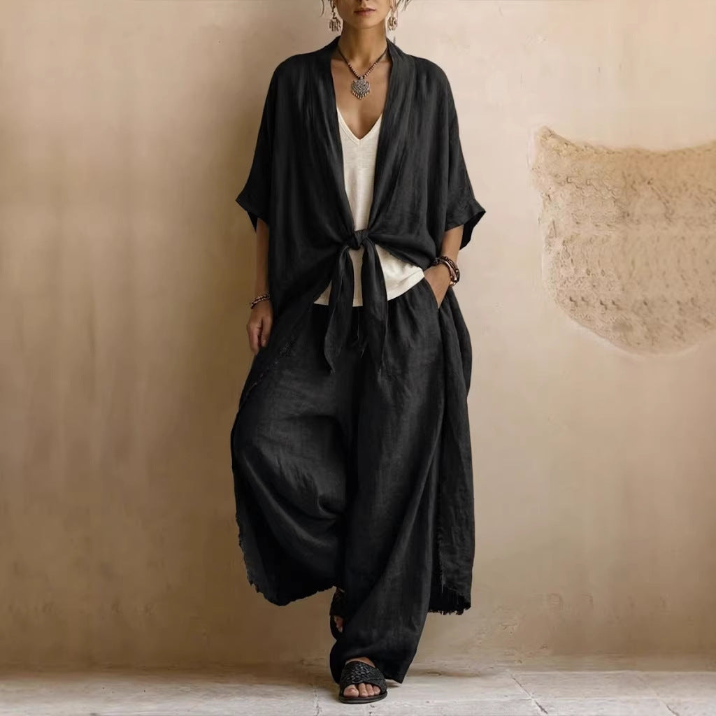 2026 Amazon Cross-Border Independent Station Foreign Trade European And American Casual Loose Solid Color Belted Cardigan Trousers Women'S Suit