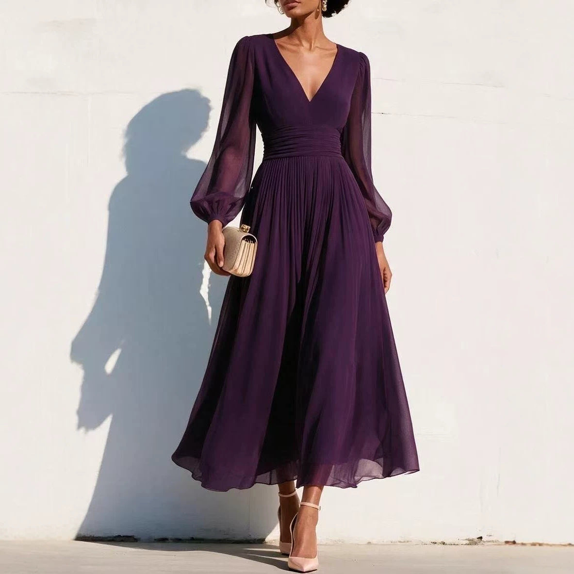 Pleated Chiffon Midi Dress with Balloon Sleeves