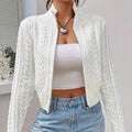 Stand Collar Full Zip Cable Knit Cropped Long Sleeve Knitted Cardigan Jacket