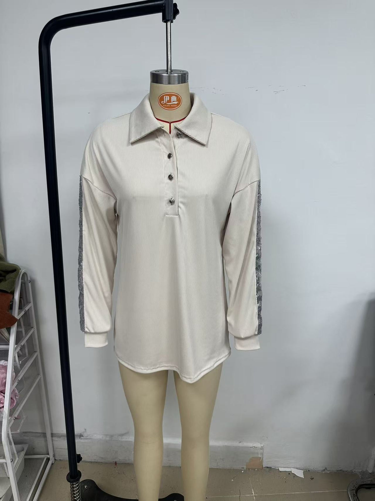 Ribbed Knit Polo Top with Sequin Sleeves