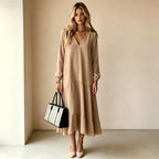 V?Neck Long?Sleeve Tiered Ruffle?Hem Midi Dress