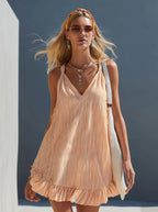 Orange White Vertical Stripe Spaghetti Strap Ruffle Hem Mini Dress