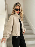 Women¡¯s Solid Beige Geometric Textured Zip?Up Drawstring Cropped Jacket