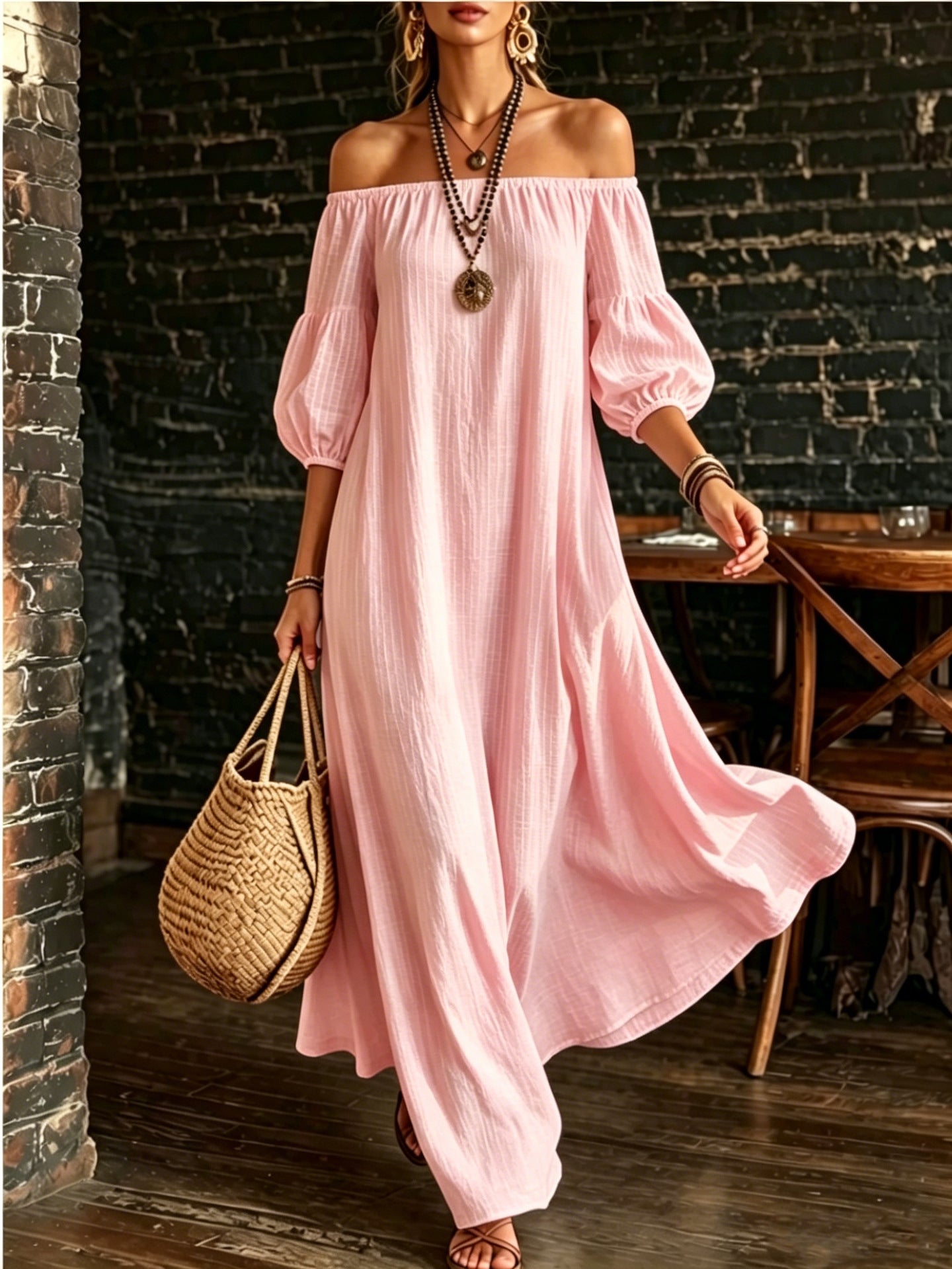 White Off‑Shoulder Balloon Sleeve Flowy Maxi Dress