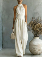 Halter Neck Linen-Blend Wide Leg Jumpsuit