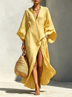 Linen?Blend V?Neck Kaftan Maxi Dress