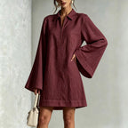 Collared Half Zip Bell Long Sleeve Linen Blend Mini Shirt Dress