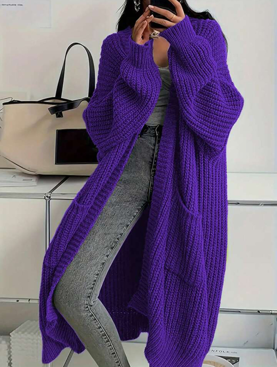 Women's Solid Chunky Knit Open Front Oversized Long Cardigan With Pockets