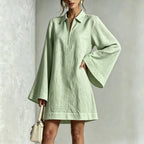 Collared Half Zip Bell Long Sleeve Linen Blend Mini Shirt Dress