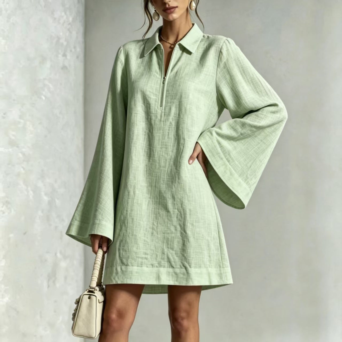 Collared Half Zip Bell Long Sleeve Linen Blend Mini Shirt Dress
