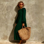 Women's Solid Emerald Green Ruffle Shoulder Tiered Long?Sleeve Maxi Dress