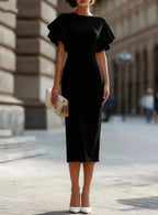 Round Neck Double?Layer Ruffle Flutter Sleeve Bodycon Midi Dress