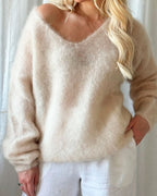 Oversized V‑Neck Drop Shoulder Fuzzy Knit Long Sleeve Loose Fit Pullover Sweater