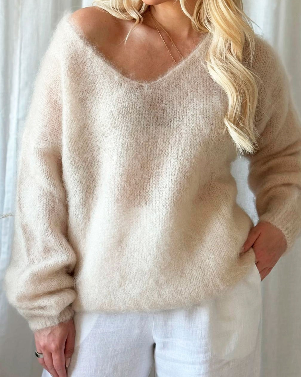 Oversized V‑Neck Drop Shoulder Fuzzy Knit Long Sleeve Loose Fit Pullover Sweater
