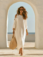 Linen?Blend Cold?Shoulder Button Detail Loose Maxi Dress