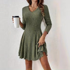 Ribbed Knit V‑Neck Long‑Sleeve Flared Mini Dress