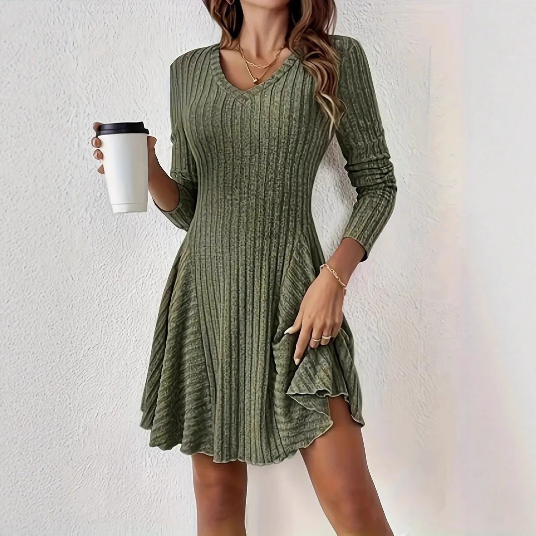 Ribbed Knit V‑Neck Long‑Sleeve Flared Mini Dress