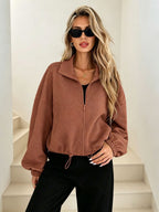 Women¡¯s Solid Beige Geometric Textured Zip?Up Drawstring Cropped Jacket