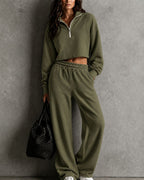 Half?Zip Cropped Sweatshirt & Wide?Leg Sweatpants Two?Piece Set
