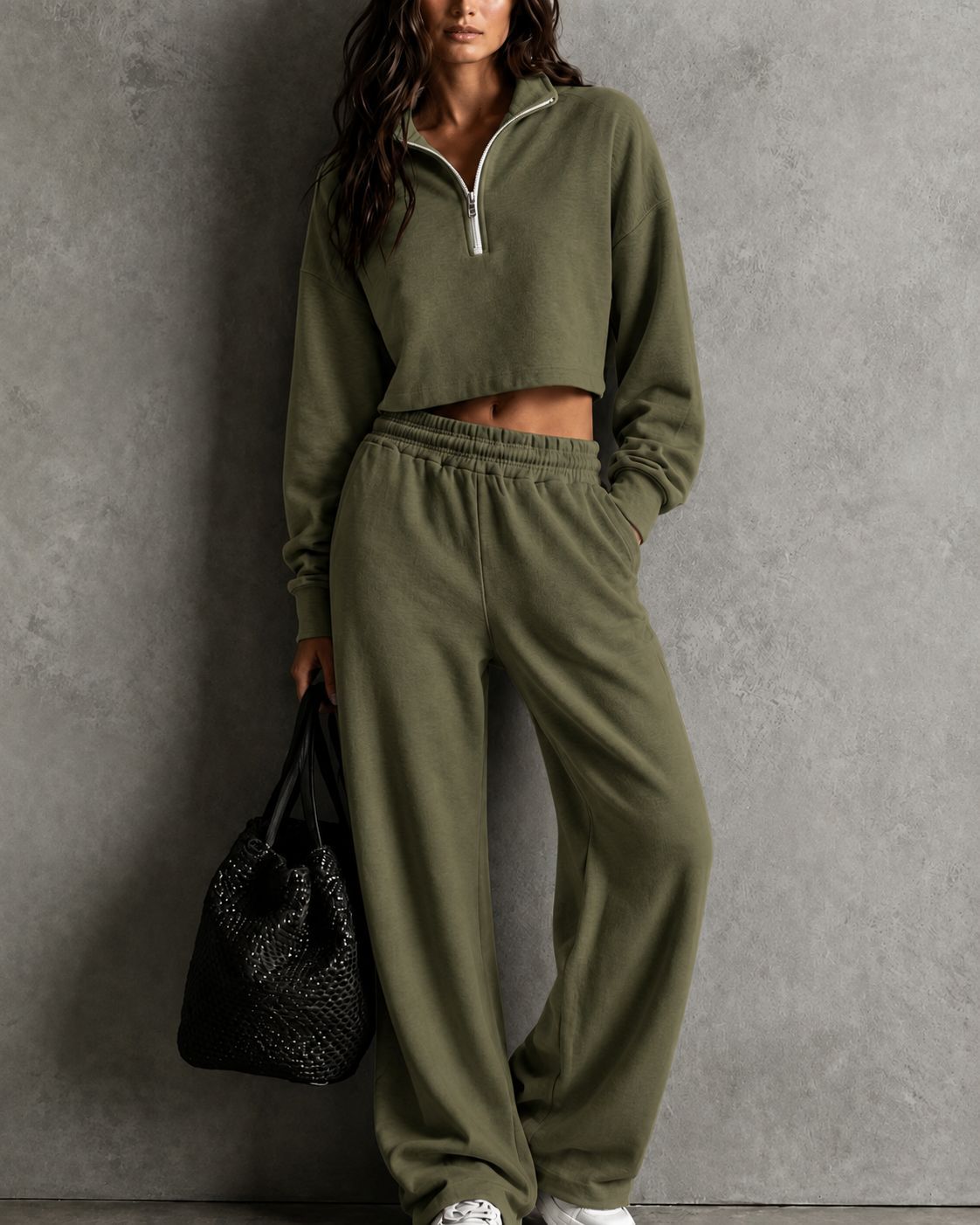 Half?Zip Cropped Sweatshirt & Wide?Leg Sweatpants Two?Piece Set