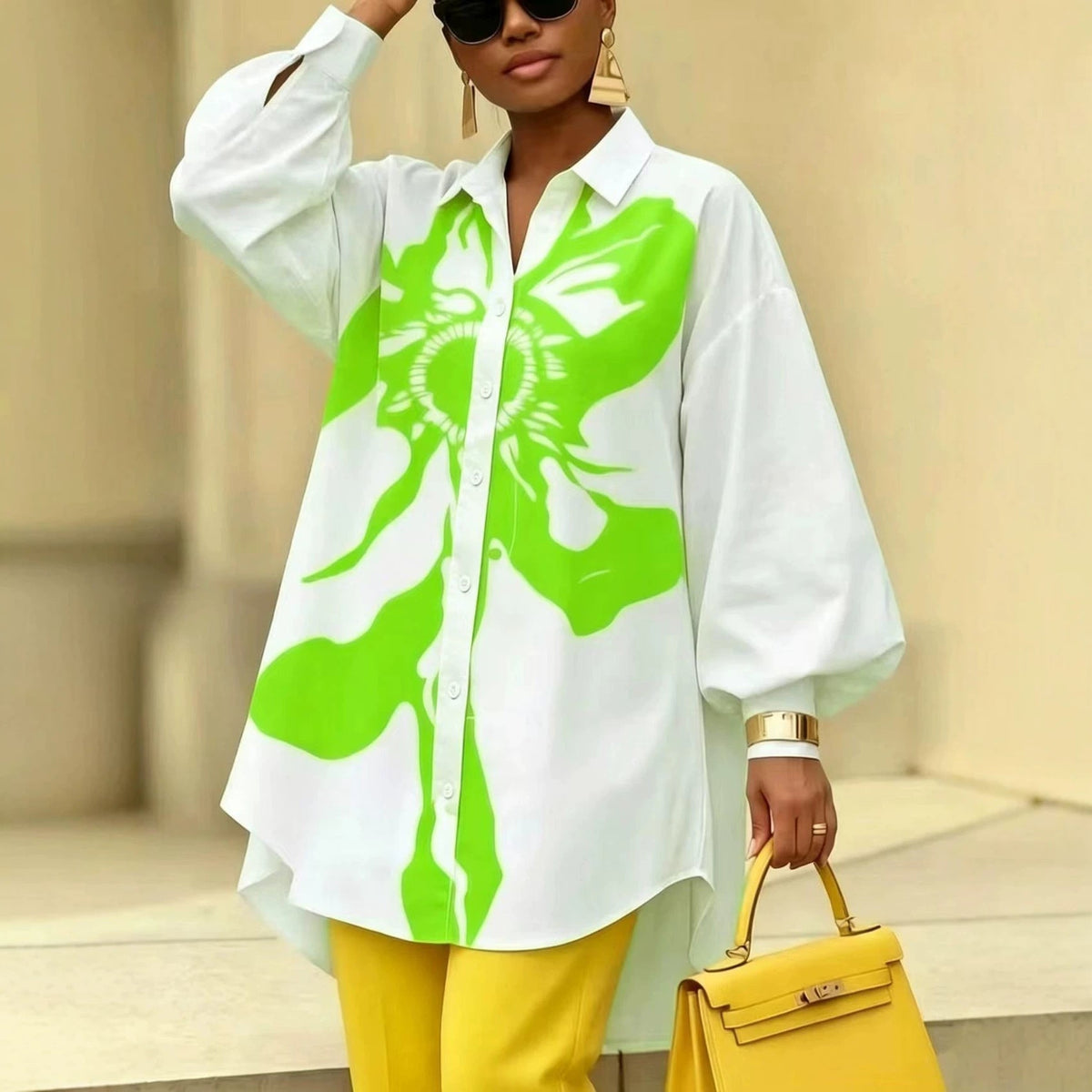 Abstract Print Balloon Sleeve Shirt – Oversized Button-Down