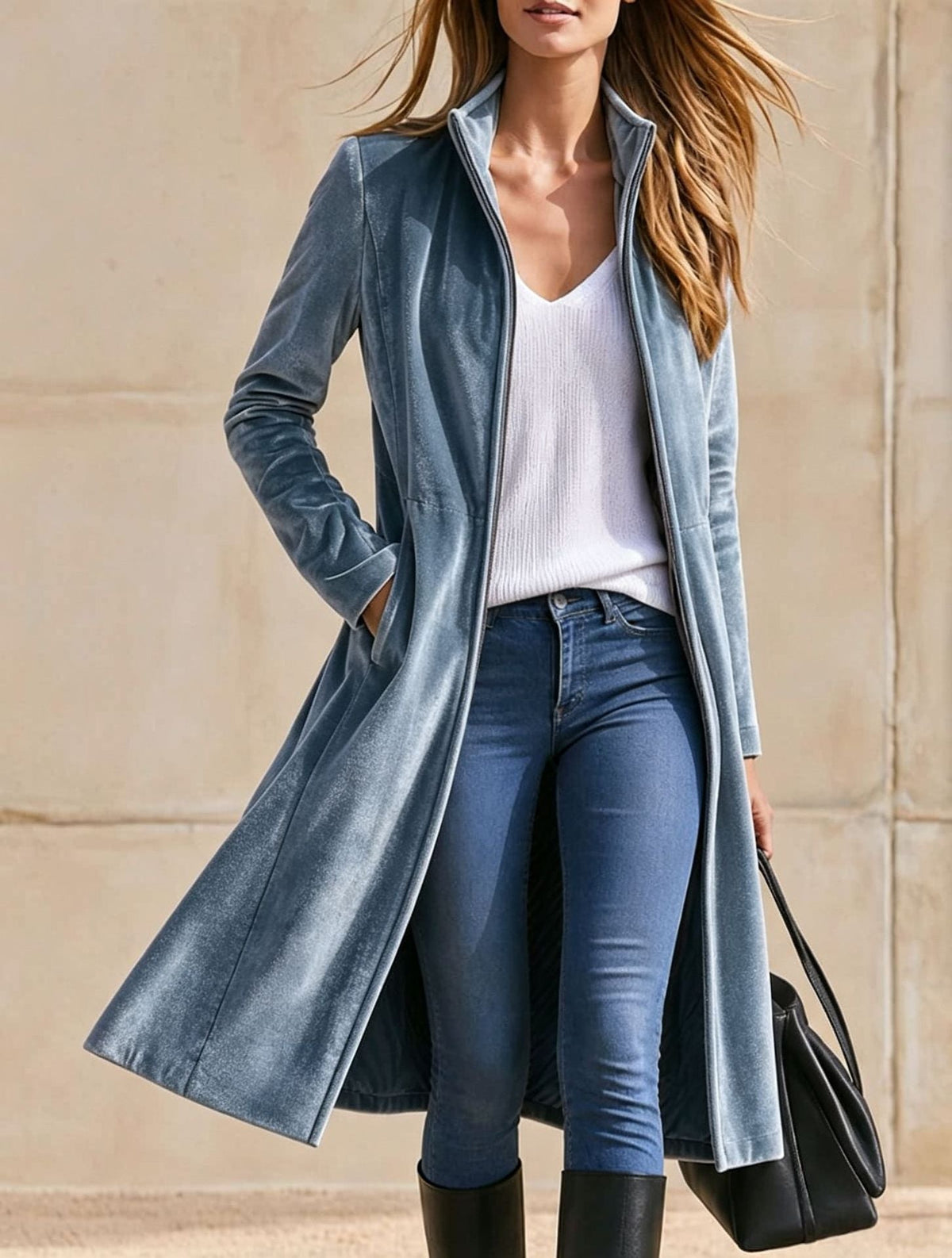 Velvet Zip-Up Longline Coat