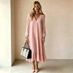 V?Neck Long?Sleeve Tiered Ruffle?Hem Midi Dress