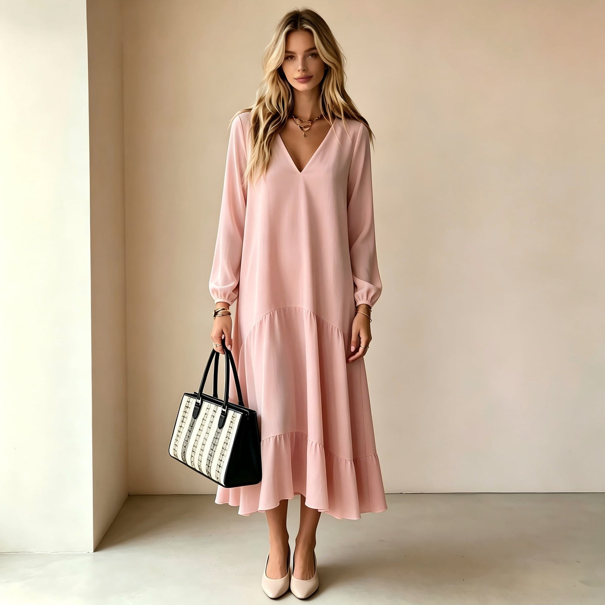 V?Neck Long?Sleeve Tiered Ruffle?Hem Midi Dress