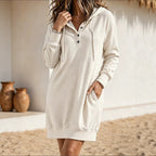 Henley Hooded Long Sleeve Sweatshirt Dress With Pockets