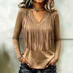 Vintage Elegant Cotton Blend Patchwork Fringed T-shirt