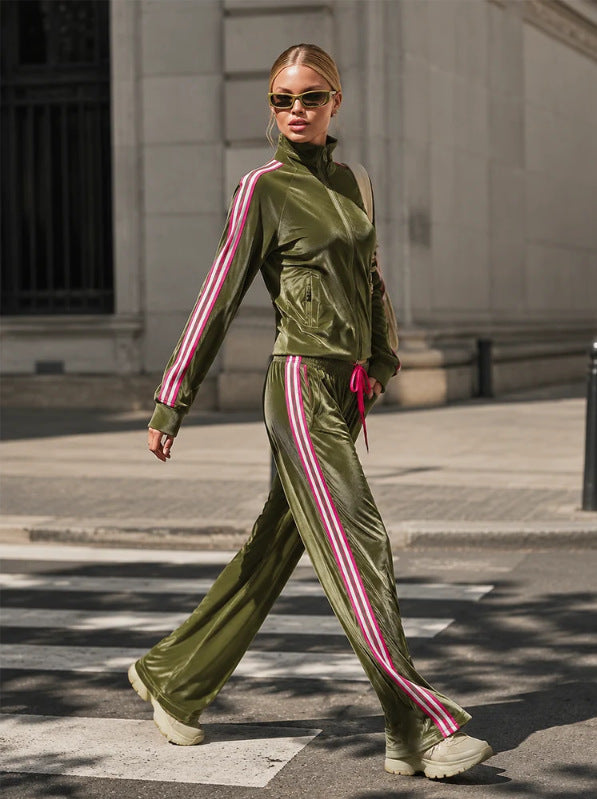 Women’s Striped Side Zip Up Velvet Tracksuit 2 Piece Outfit