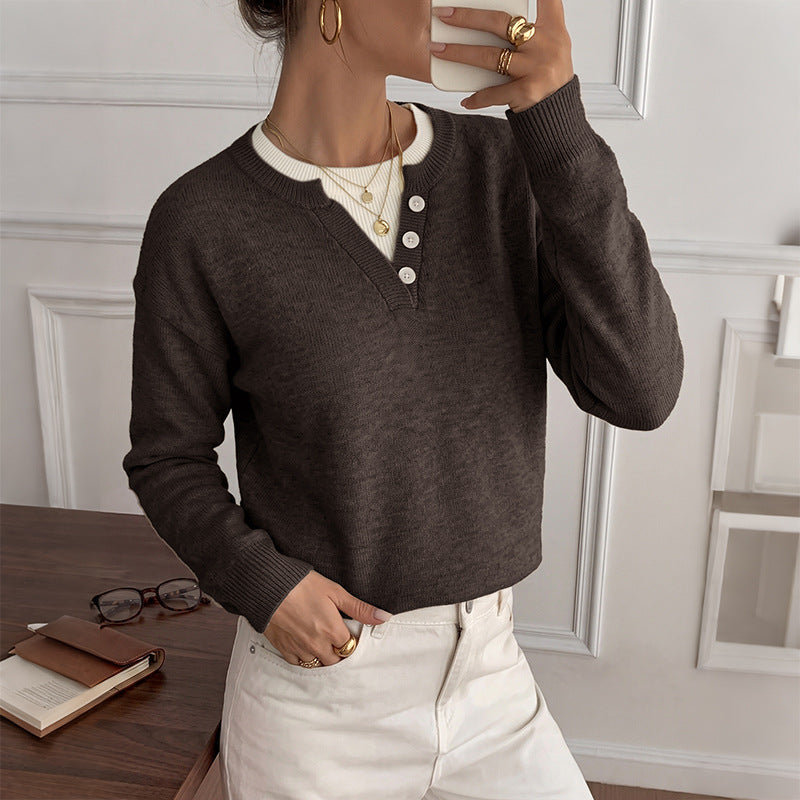 Henley Button Notch Neck Drop‑Shoulder Long Sleeve Knit Sweater