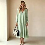 V?Neck Long?Sleeve Tiered Ruffle?Hem Midi Dress