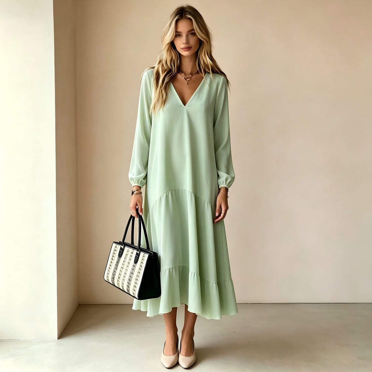 V?Neck Long?Sleeve Tiered Ruffle?Hem Midi Dress