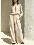 Women's Gathered High‑Neck Blouse & Pleated Wide‑Leg Pants Two‑Piece Set